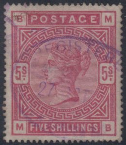 GREAT BRITAIN 1884 QV Sc 108 KEY VALUE VIOLET REGISTERED CANCEL FVF SCV$250.00