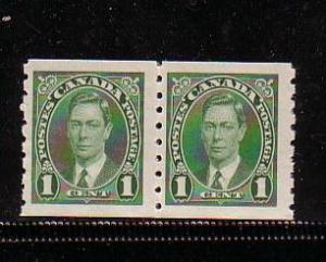 Canada Sc 238 1937 1c G VI coil stamp pair  mint NH