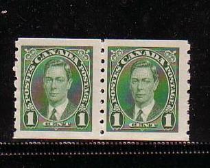 Canada Sc 238 1937 1c G VI coil stamp pair  mint NH