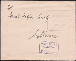 AUSTRALIA WW2 POW cover ex Tatura Camp to Jewish Welfare Society...........A8338