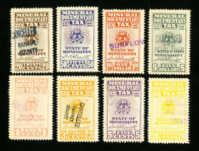 US Stamps VF Mineral Tax Set from Mississippi Set of 8 Used