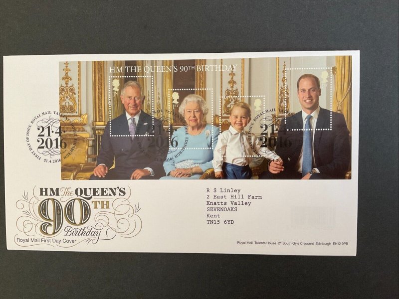 2016 Queen's 90th Birthday M/Sheet on First Day Cover with Windsor S/H/S