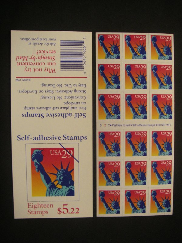 Scott 2599a, 29c Statue of Liberty, Pane of 18, #D1212, MNH Booklet Beauty