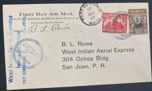 1927 Port Au Prince Haiti First Flight Airmail Cover FFC To Puerto Rico Signed