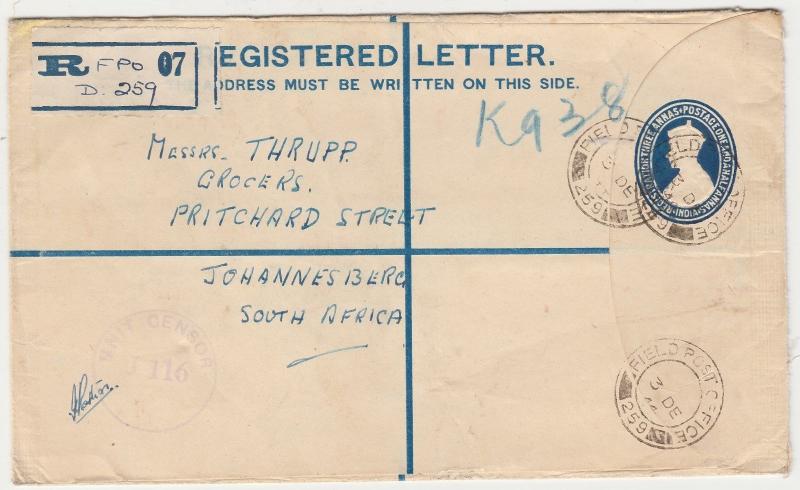 INDIA 1944 KGVI REGISTERED FIELD POST CENSOR COVER TO SOUTH AFRICA