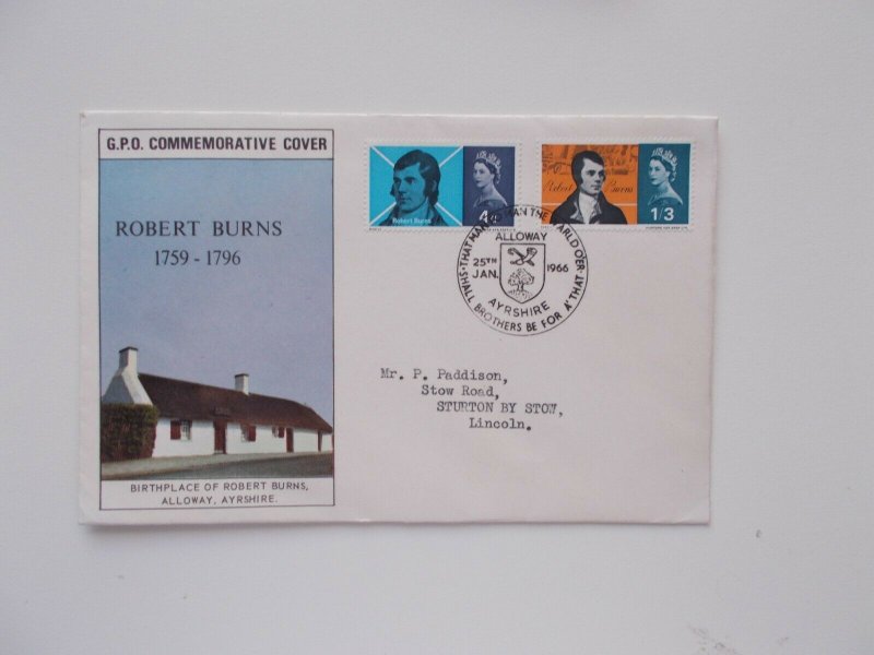 1966 Robert Burns Phos illustrated First Day Cover Alloway SHS & Typed Address