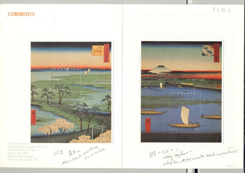 Nevis #1004-1006 Hiroshige Art M/S of 6 & 2v S/S Imperf Chromalin Proofs