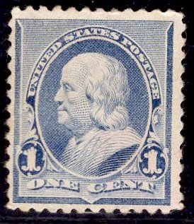 US Stamp #219 1c Blue Franklin MINT NO GUM SCV $20 (as hinged)