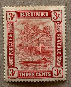 Brunei 1908 3c carmine double plate, unused.  Scott 18, CV $8.00. SG 37