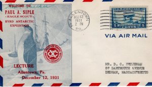 Scout Cachets #1707 Paul Siple at Allentown PA 1931 - Levy 31-10