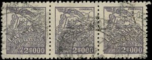 BRAZIL Sc 565 USED Strip of 3-1943  2000r Commerce -Wmk. 268--Well Centered!