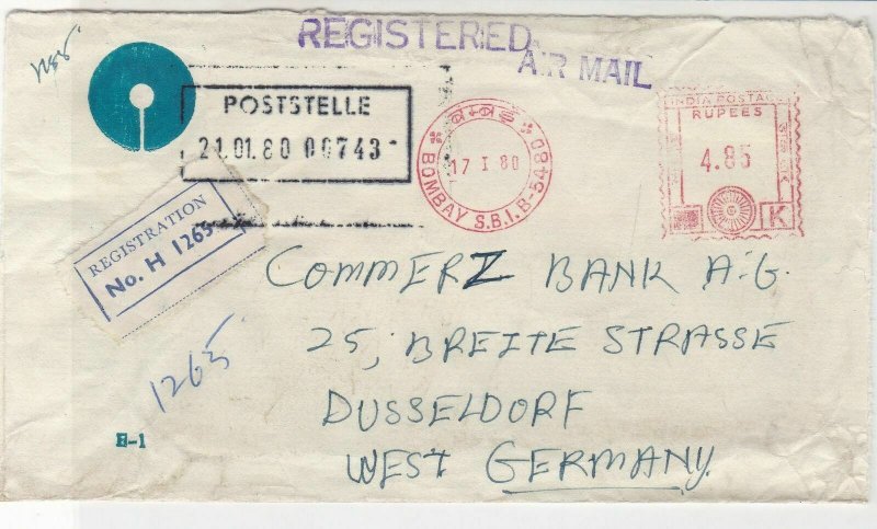 India 1980 State Bank of India Regd Airmail to Commerzbank Stamp Cover Ref 29734