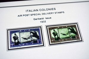 COLOR PRINTED ITALIAN COLONIES 1932-1934 STAMP ALBUM PAGES (8 illustrated pages)