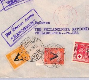 COLOMBIA Air Mail *A* OVERPRINTS Franking Cover MANCOMUN Bogota 1951 USA YU131