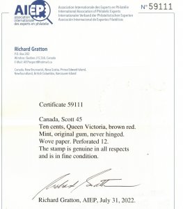 Canada #45 Mint Fine Never Hinged **With Certificate**