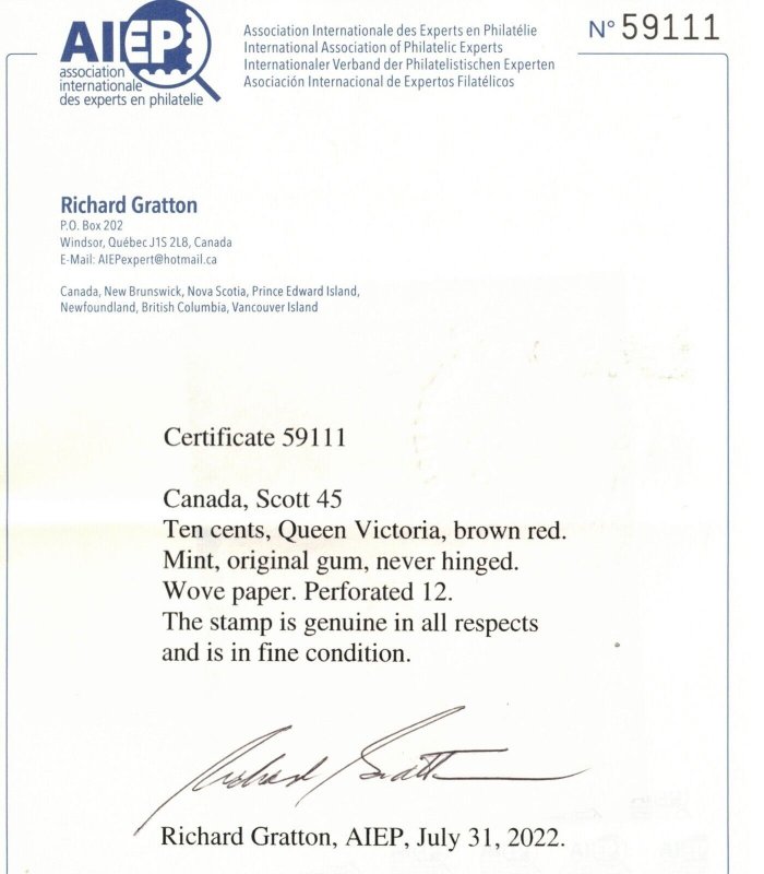 Canada #45 Mint Fine Never Hinged **With Certificate**