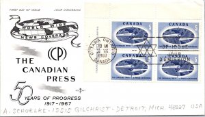 Canada 1967 FDC The Canadian Press - Ottawa, Ont - Plate Blk Of 4 - F76551