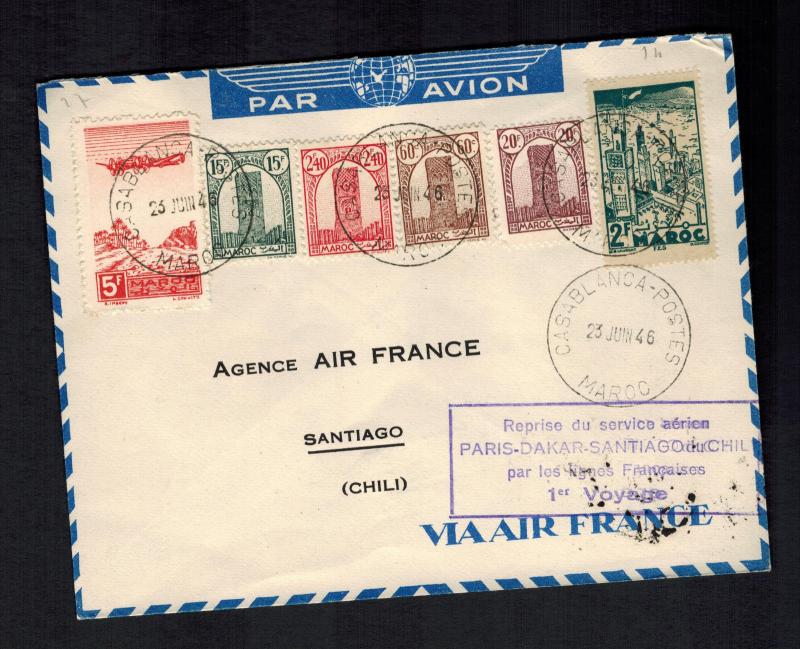 1946 Air France First Flight Cover FFC Casablanca Morocco to Santiago Chile