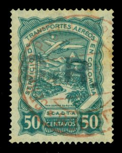 COLOMBIA 1923 AIRMAIL - SCADTA - COSTA RICA C.R. handstamp 50c gr Sc# CLCR6 U