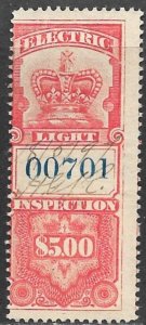 CANADA 1895 QV $5.00 ELECTRIC LIGHT INSPECTION REVENUE VDM FE6 VFU