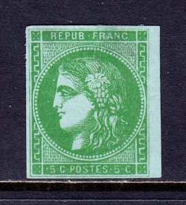 FRANCE — SCOTT 41 — 1870 5c YEL. GRN. ON GREENISH CERES — MNG — SCV $110