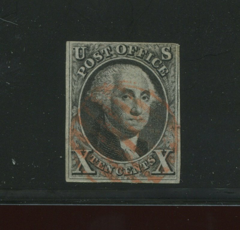 Scott 2 Washington Imperf  Used Stamp with Red Hand Stamp Cancel (STOCK 2-A4)