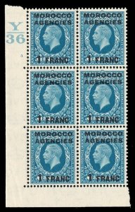 Morocco Agencies 1937 KGV 1f. on 10d Control Y36 Cylinder 3 block mint. SG 223.