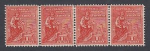 Uruguay 1912-15 1p Vermilion Typo Strip x 4 M Mint. Scott 210