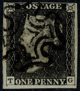 GB 1d black TG Plate 8. Cancelled by black Maltese Cross.