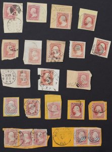 U.S. Used # 65 3c Washington. Lot of 22 Stamps on 19 pieces. Many SOTN Cancels.
