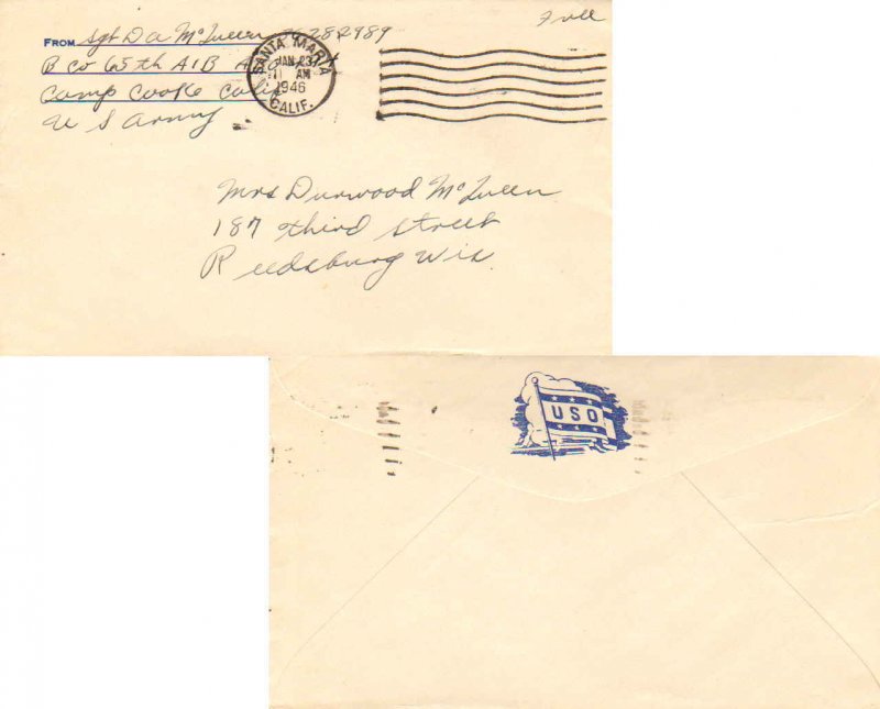 United States California Santa Maria 1946 machine  Soldiers Free Mail Inscrib...