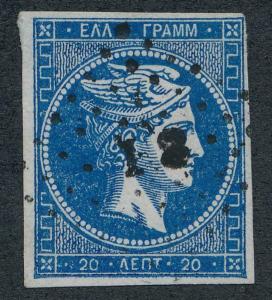 GREECE 20 USED, 3 1/2 MARGIN, 20 LEPTA ,DARK BLUE