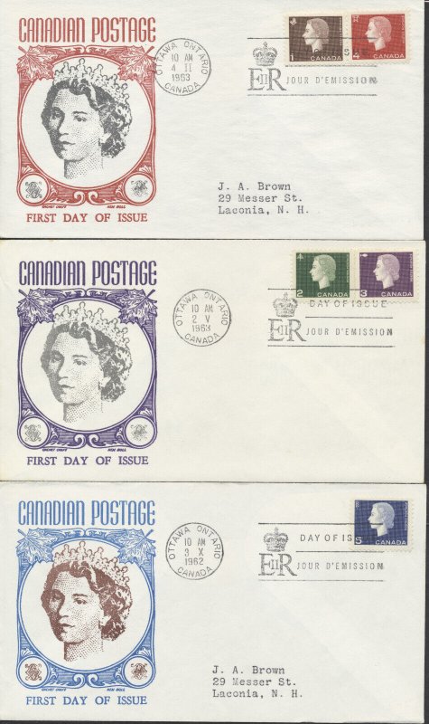 1962-63 #401-405 Set of 3 QEII Cameo FDCs Cachet Craft/Ken Boll Cachet Ottawa