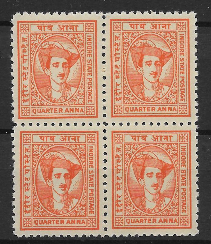 INDIA-INDORE SG36 1940 ¼a RED-ORANGE BLK OF 4 MNH