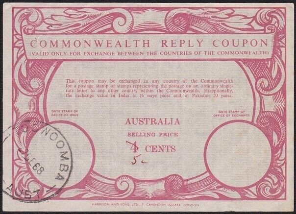 AUSTRALIA 1970 4c changed to 5c Commonwealth Reply Coupon. Toowoomba cds...B1416