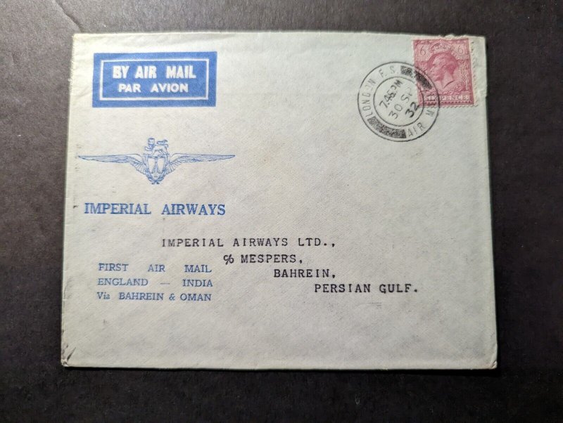 1932 England FFC First Flight Cover London to Bahrain Persian Gulf Imperial Air