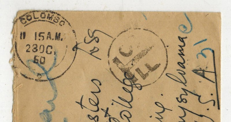 1950 COLUMBO CEYLON AIRMAIL LETTER OT USA NO STAMP INSUFFICIENTLY PAID MARKING