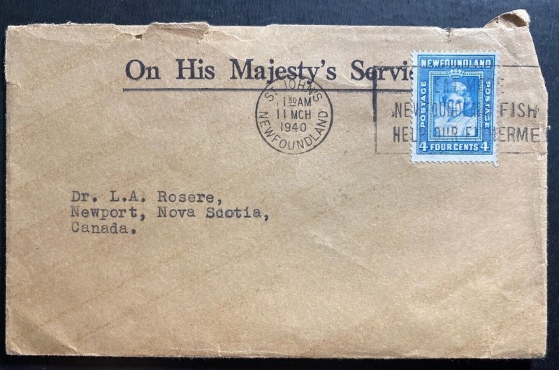 1940 St Johns Newfoundland OHMS Cover To Newport Canada