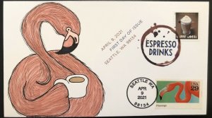 2021 FDC Espresso Drinks DCP Hand Drawn Cachet Flamingo Coffee 1992 Flamingo 29c