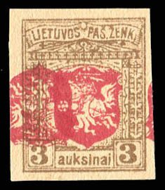 Lithuania #59P, 1919 3a light brown and red, imperf. proof with center double...