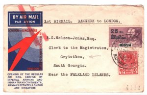 SIAM Thailand FALKLAND ISLANDS Air 1933 Cover GRYTVIKEN Per FIRST FLIGHT GB MA14