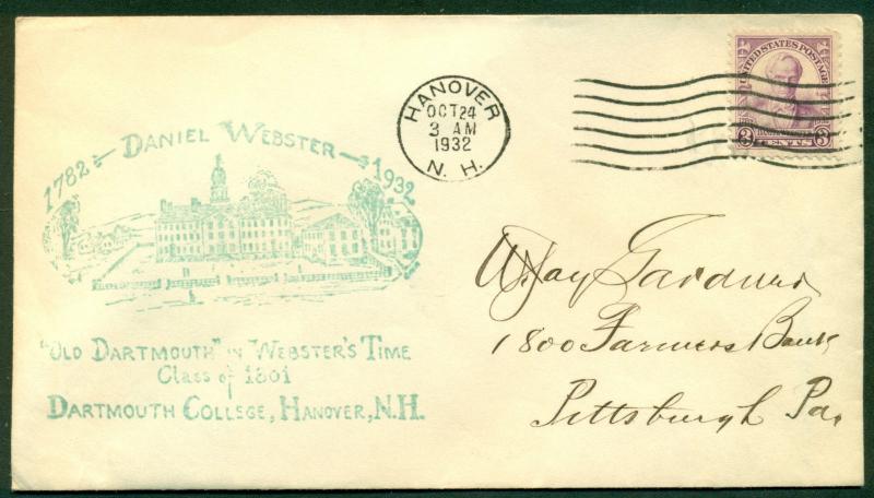 SCOTT # 725 FDC, DARTMOUTH COL. CACHET, SCRIPT ADDRESS, HANOVER, NH, GREAT PRICE