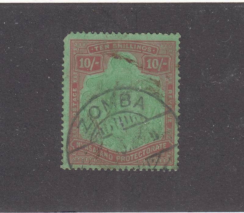 NYASALAND # 37 VF-KGV 10sh WITH SON ZOMBA CANCEL CAT VALUE $120