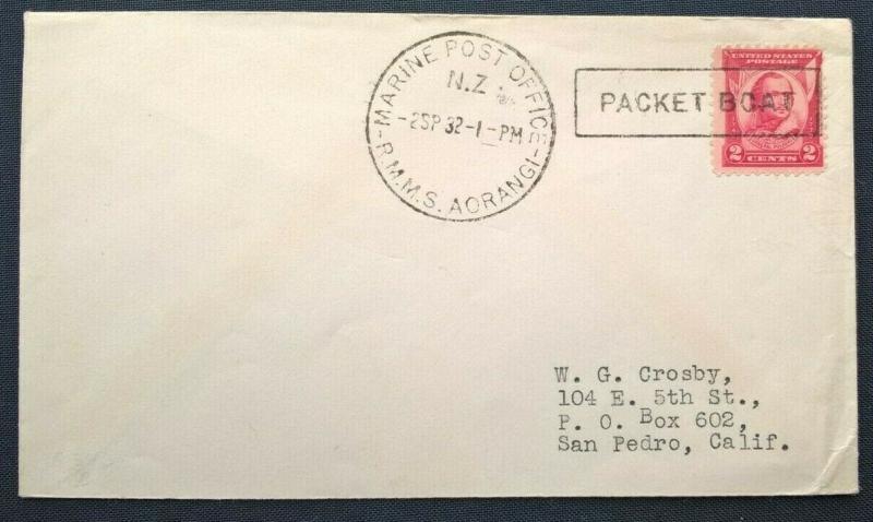 New Zealand 1932 MARINE POST OFFICE RMMS AORANGI PACKET BOAT Cover to San Pedro