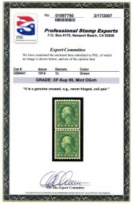 US SCOTT #441 PAIR MINT-XF-SUP-OG-NH GRADED 95 W/ PSE CERT SMQ $180 (8/1/24 GP)