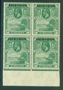 SG 2 Ascension 1922. 1d green. A pristine unmounted mint block of 4