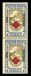 Estonia #B12 Cat$120++, 1923 Red Cross, 5+2m, vertical pair, top stamp hinged...