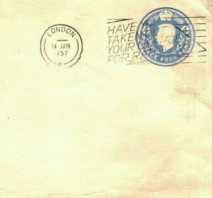 GB KGVI Stationery 4d Blue Envelope STO Cover 1957 RADIO LICENSE Slogan MAL180