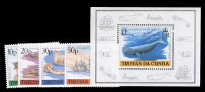 Tristan da Cunha #434-438 Cat$12.30, 1988 Whaling, complete set with souvenir...