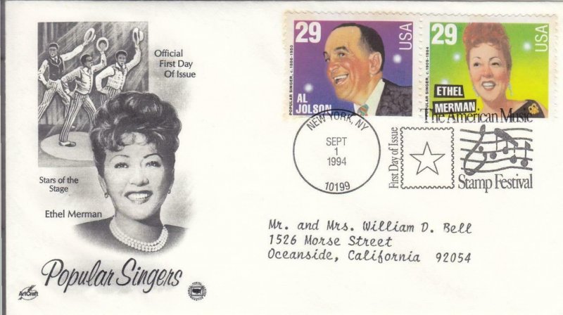 1994, Popular Singers-Ethel Merman, Al Jolson, Artcraft/PCS, FDC (E9071)